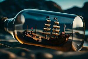 a ship in a bottle with a small boat inside. AI-Generated photo