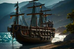 a pirate ship is on the beach near the ocean. AI-Generated photo