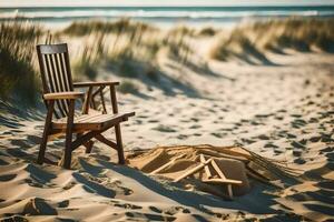 a chair sits on the sand near the ocean. AI-Generated photo