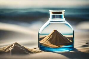 a bottle of sand with a mountain inside. AI-Generated photo