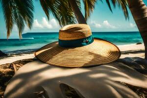 un Paja sombrero se sienta en el arena cerca palma arboles generado por ai foto