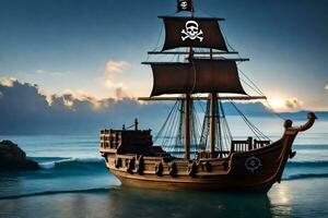 un pirata Embarcacion en el Oceano con un cráneo y tibias cruzadas en él. generado por ai foto
