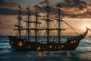 a pirate ship is sailing in the ocean at sunset. AI-Generated photo