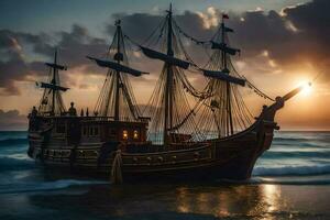 a pirate ship is sailing on the ocean at sunset. AI-Generated photo