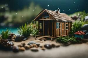 a miniature house on the beach with rocks and water. AI-Generated photo