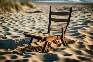 a wooden chair sits in the sand on a beach. AI-Generated photo