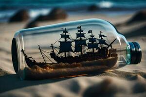 a ship in a bottle on the beach. AI-Generated photo