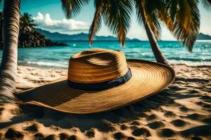 un sombrero se sienta en el arena cerca palma arboles generado por ai foto