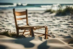 un silla se sienta en el arena a el playa. generado por ai foto