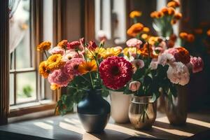 flowers in vases on a windowsill. AI-Generated photo