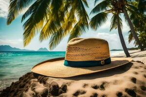 a hat sits on the sand near the ocean. AI-Generated photo