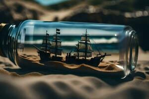 a bottle with a ship inside of it on the beach. AI-Generated photo