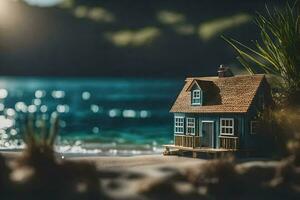 a miniature house on the beach by the water. AI-Generated photo