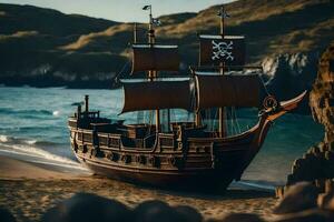 a pirate ship is on the beach near the ocean. AI-Generated photo