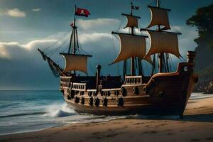 a pirate ship is on the beach near the ocean. AI-Generated photo