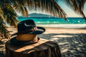 a hat and a straw hat on a stump near the beach. AI-Generated photo