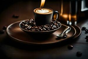 a cup of coffee is on a plate with beans and a spoon. AI-Generated photo