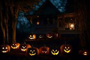 Víspera de Todos los Santos calabazas en frente de un casa a noche. generado por ai foto