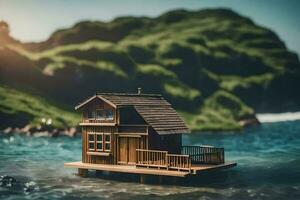 un miniatura casa en un pequeño isla en el océano. generado por ai foto