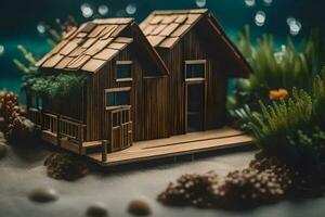 a miniature wooden house on the beach with plants. AI-Generated photo