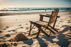 un de madera silla se sienta en el playa a puesta de sol. generado por ai foto