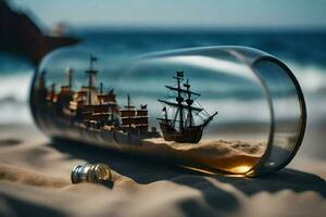 a bottle with a ship inside of it on the beach. AI-Generated photo