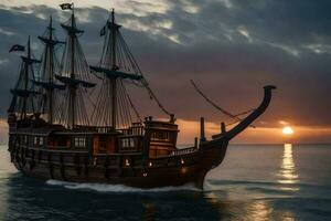 un pirata Embarcacion navegación en el Oceano a puesta de sol. generado por ai foto