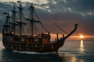 a pirate ship sailing in the ocean at sunset. AI-Generated photo