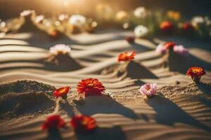 flowers in the sand at sunset. AI-Generated photo