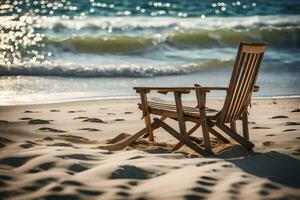 un silla se sienta en el playa cerca el océano. generado por ai foto