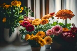 colorful flowers in vases on a windowsill. AI-Generated photo