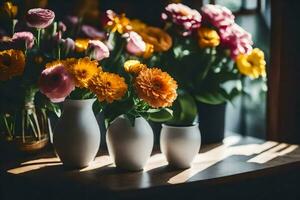 flowers in vases on a table. AI-Generated photo