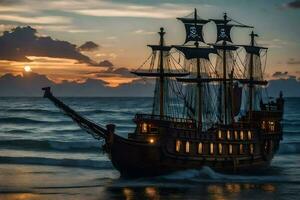 a pirate ship is sailing in the ocean at sunset. AI-Generated photo