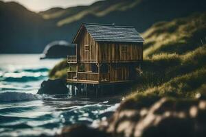 a tiny house on the beach by the ocean. AI-Generated photo