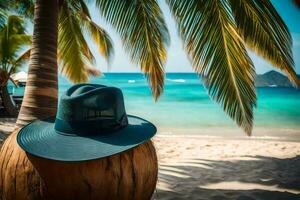 a hat sits on a coconut on the beach. AI-Generated photo