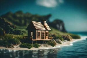 a miniature house on the beach by the ocean. AI-Generated photo