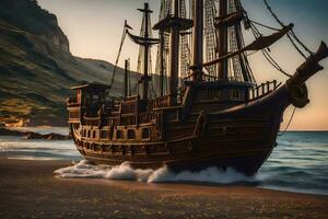 a pirate ship on the beach. AI-Generated photo