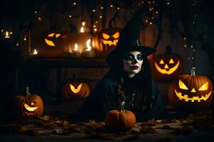 a woman in a witch costume surrounded by pumpkins. AI-Generated photo