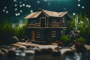 a miniature house in the middle of a pond. AI-Generated photo