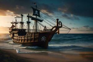 a pirate ship on the beach at sunset. AI-Generated photo