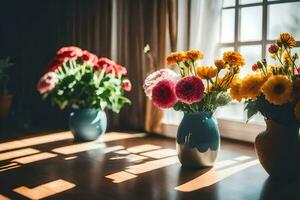 flowers in vases on a wooden table. AI-Generated photo