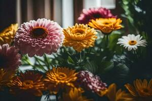 flores en un florero en un mesa. generado por ai foto