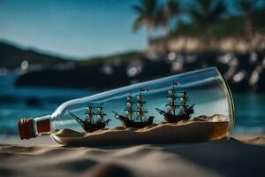 ship in a bottle on the beach. AI-Generated photo