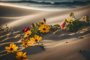 flores en el arena a puesta de sol. generado por ai foto