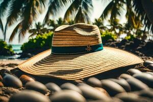 a hat on the beach with rocks and palm trees. AI-Generated photo