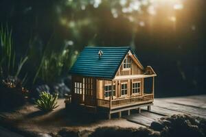 a miniature house on a wooden deck. AI-Generated photo