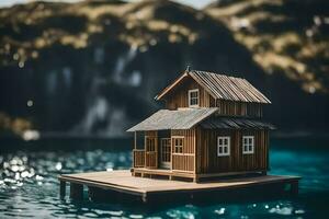 un pequeño de madera casa en un muelle en el medio de un lago. generado por ai foto