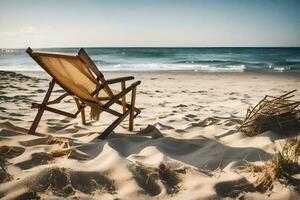 a beach chair sits on the sand near the ocean. AI-Generated photo