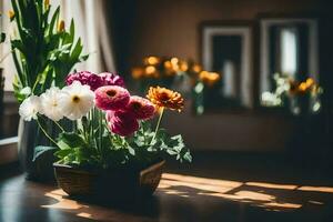 flowers in a vase on a table. AI-Generated photo