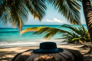 hat on palm tree on tropical beach. AI-Generated photo